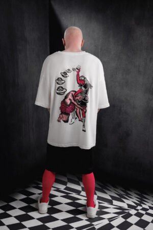 Back view of white Makouk t-shirt with pink dancing figures and UFOs. Designed by Mohamad Ali Makouk for Makouk Studios.Makouk Let Go Tee