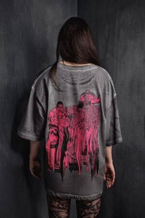 Makouk Studios by Mohamad Ali Makouk – Macho Meltdown Collection. Acid-washed grey t-shirt with fuchsia militant illustration.