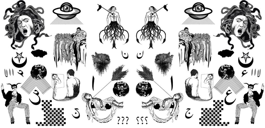 Symbolic black and white illustration collage by Mohamad Ali Makouk for Makouk Studios, featuring Medusa, UFOs, Arabic letters, and surreal figures.