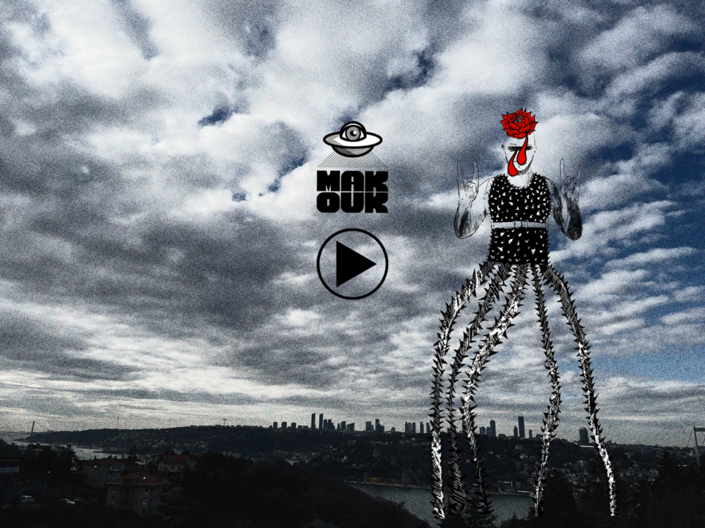 Grainy cityscape of Istanbul under cloudy skies with a surreal black-and-white thorned figure towering over, designed by Mohamad Ali Makouk.