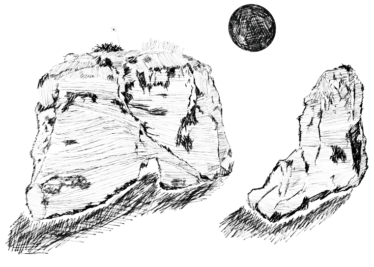 Hand-drawn black and white illustration of Pigeon Rock, Raouché, Beirut, by artist Mohamad Ali Makouk.